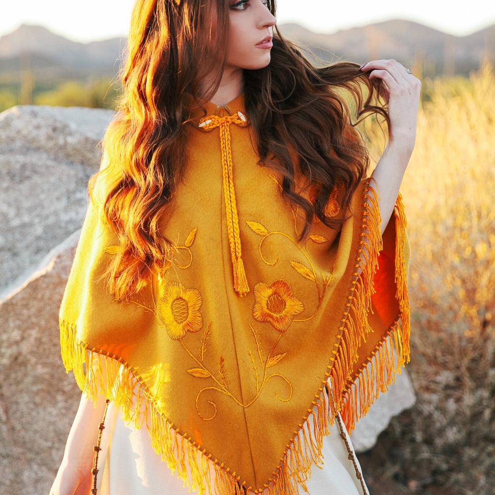 1970s Boho Embroidered Mustard Yellow Floral Poncho